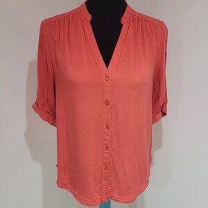 RW&Co Womens V-Neck Button Down Blouse Size Small Coral Colorful Business Casual